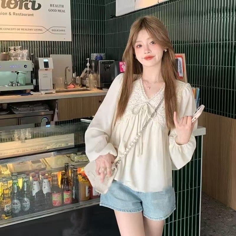 2026 새로운 패치워크 한 부서 루즈핏 부드러운 레이스업 품격 긴팔 레이스 프랑스식 맨위 쉬폰 블라우스 상세 이미지 4