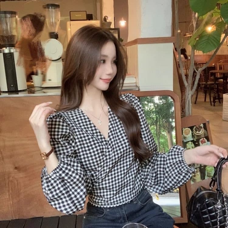 프랑스식 분위기 센스 V넥 거품 소매 체크무늬 여성 셔츠 가을 새로운 허리 수축 슬림해 보이는 다용도 품격 맨위 트렌디 이미지 2