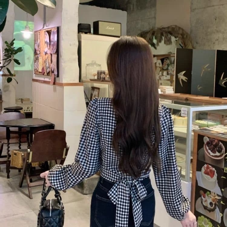 프랑스식 분위기 센스 V넥 거품 소매 체크무늬 여성 셔츠 가을 새로운 허리 수축 슬림해 보이는 다용도 품격 맨위 트렌디 이미지 4