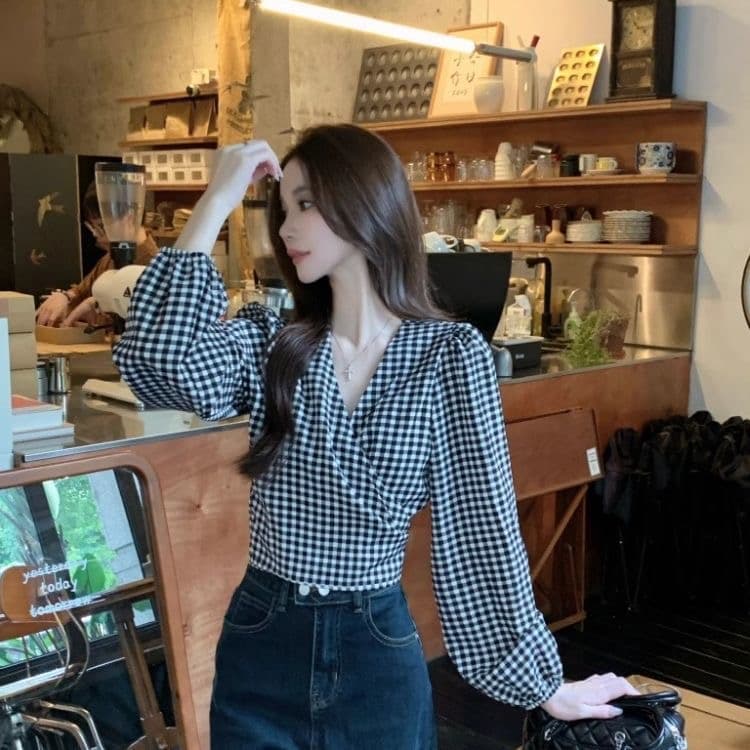 프랑스식 분위기 센스 V넥 거품 소매 체크무늬 여성 셔츠 가을 새로운 허리 수축 슬림해 보이는 다용도 품격 맨위 트렌디 상세 이미지 4