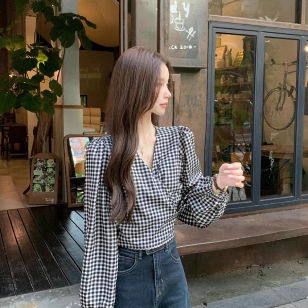 프랑스식 분위기 센스 V넥 거품 소매 체크무늬 여성 셔츠 가을 새로운 허리 수축 슬림해 보이는 다용도 품격 맨위 트렌디 상세 이미지 9