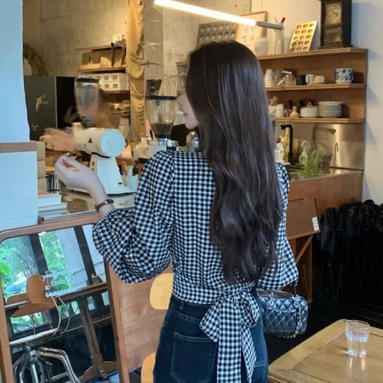 프랑스식 분위기 센스 V넥 거품 소매 체크무늬 여성 셔츠 가을 새로운 허리 수축 슬림해 보이는 다용도 품격 맨위 트렌디 상세 이미지 10