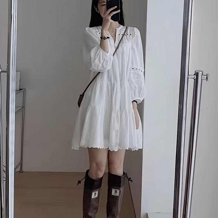 새로운 화이트 홀로우 아웃 버블 프랑스식 7부 소매 드레스 작은 키 연령 감소 봄 가을 미니 스커트 상세 이미지 3