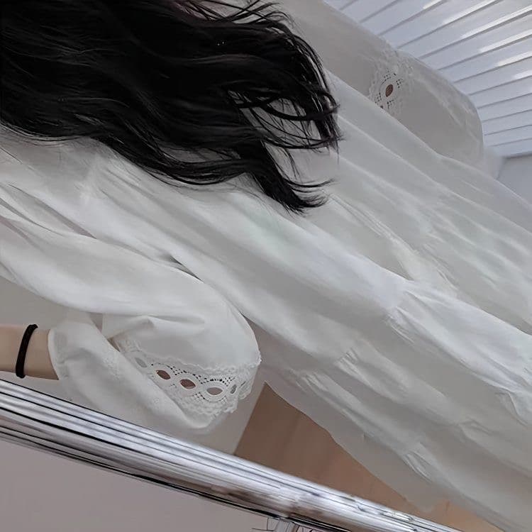 새로운 화이트 홀로우 아웃 버블 프랑스식 7부 소매 드레스 작은 키 연령 감소 봄 가을 미니 스커트 상세 이미지 5