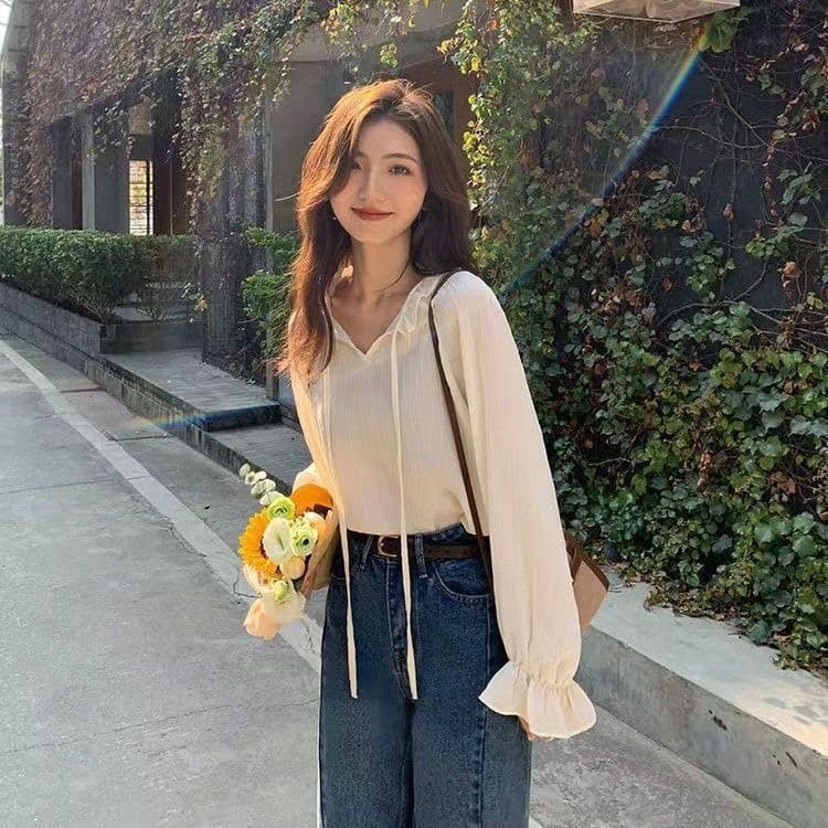 2026 조기 봄 가을 새로운 프릴 레이스업 쉬폰 여성 셔츠 루즈핏 스택 착용 느긋한 바람 긴팔 맨위 외출용 상세 이미지 5