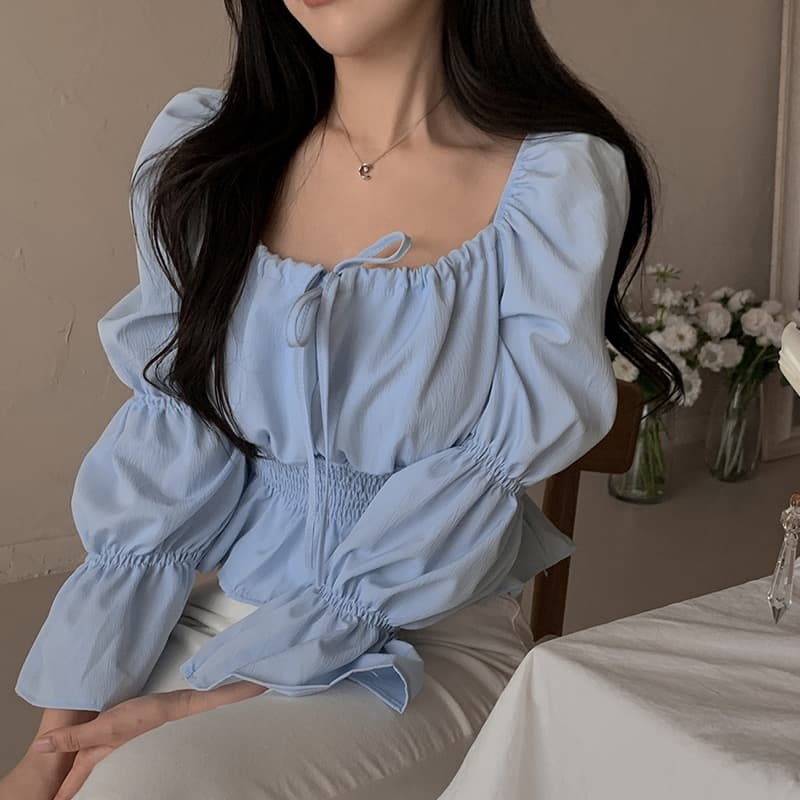 가을 복잡한 고대 칼라 레이스업 거품 소매 맨위 허리 수축 슬림해 보이는 긴팔 품격 쇄골 부드러운 바람 여성 셔츠 상세 이미지 6