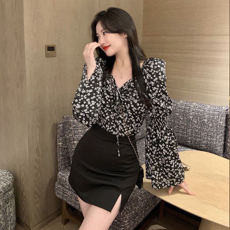 셔츠 프랑스식 작은 대중 디자인 몸매 가꾸기 Chic 쇼트 스타일 맨위 광장 칼라 버블 꽃무늬 셔츠 상세 이미지 3