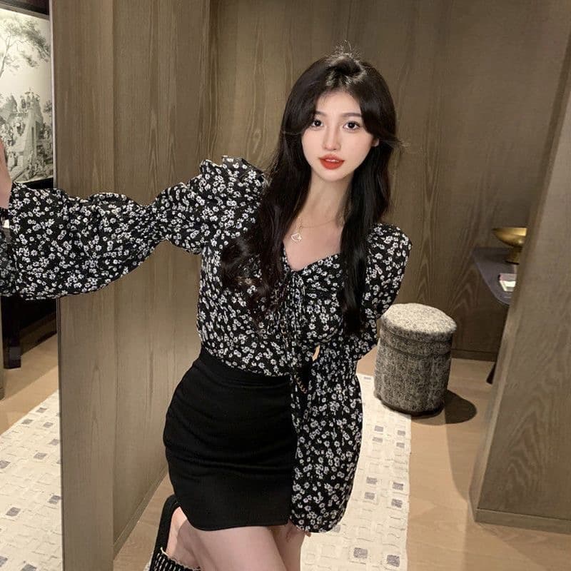 셔츠 프랑스식 작은 대중 디자인 몸매 가꾸기 Chic 쇼트 스타일 맨위 광장 칼라 버블 꽃무늬 셔츠 상세 이미지 6