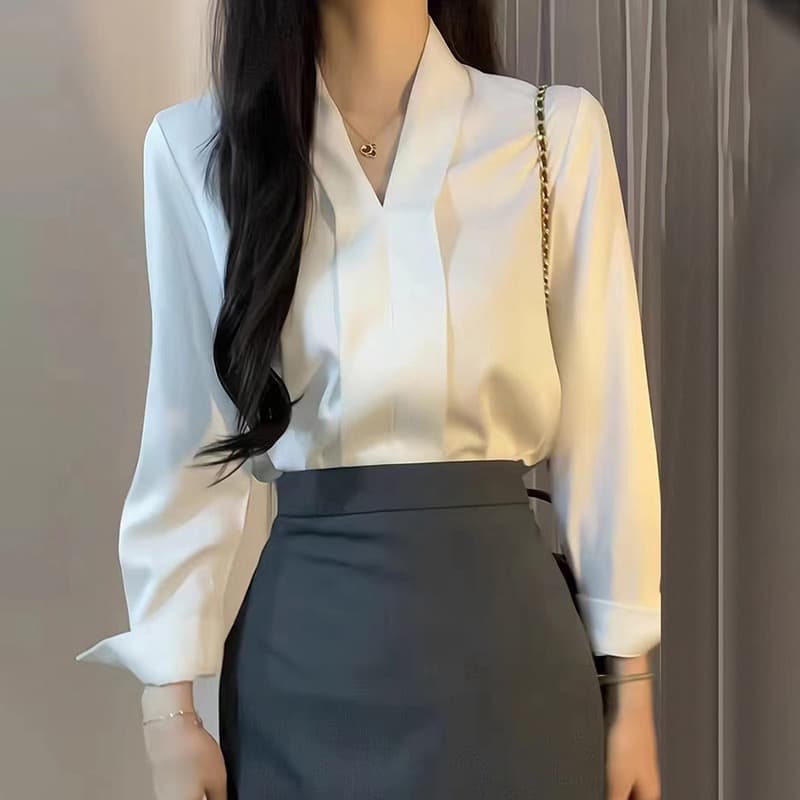 화이트 긍정적 인 로드 중 V넥 비즈니스웨어 여성 셔츠 여름 고급 센스 품격 직장 빛 요리 한 바람 여성 의류 출퇴근 맨위 상세 이미지 3