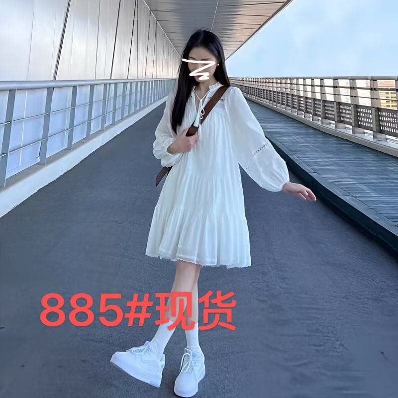 봄 가을 새로운 작은 키 가짜 홀로우 아웃 프랑스식 패치워크 7부 소매 화이트 점프 슈트 치마 버블 미니 스커트