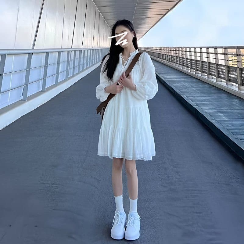 봄 가을 새로운 작은 키 가짜 홀로우 아웃 프랑스식 패치워크 7부 소매 화이트 점프 슈트 치마 버블 미니 스커트 이미지 3