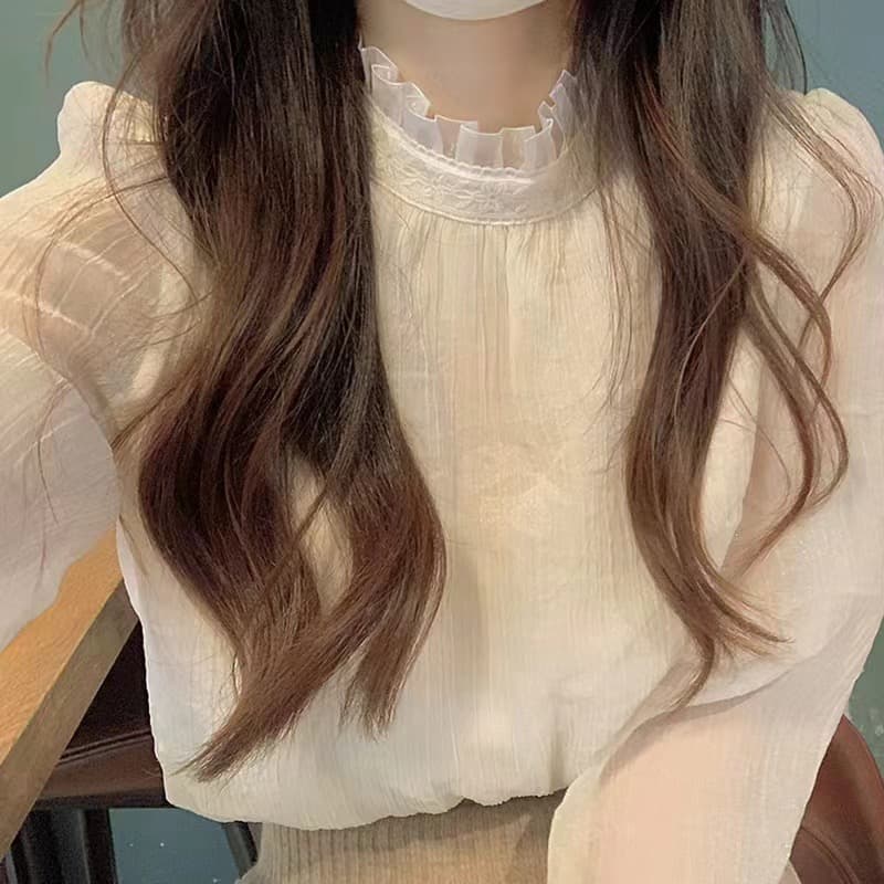 레이스 기본 셔츠 인사이드 가져 가라. 2026 년 새로운 가을 쉬폰 블라우스 망사 디자인 센스 여성 작은 대중 거품 소매 맨위 상세 이미지 2