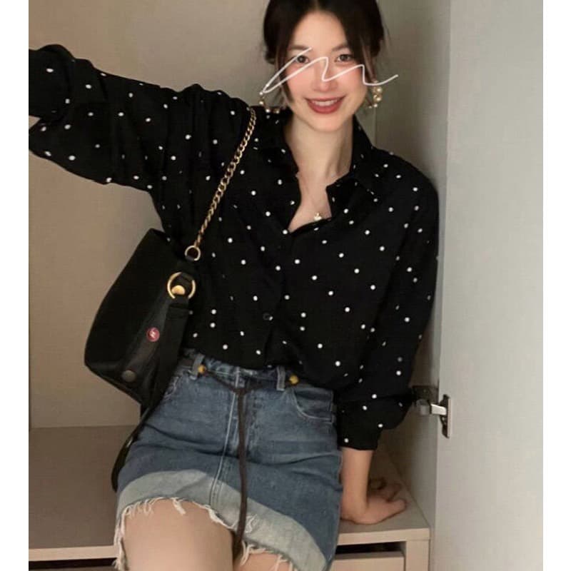 검정색 도트 무늬 쉬폰 셔츠 여성 긴 소매 2026 봄 가을 레트로 디자인 센스 고급 프랑스식 작은 대중 고유 한 맨위 이미지 2
