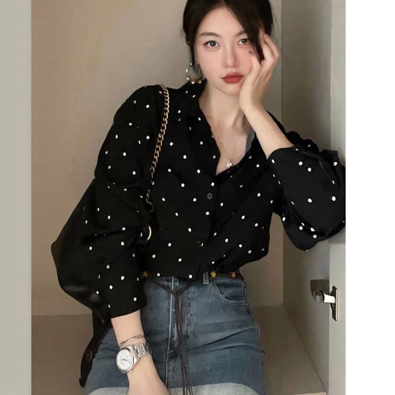 검정색 도트 무늬 쉬폰 셔츠 여성 긴 소매 2026 봄 가을 레트로 디자인 센스 고급 프랑스식 작은 대중 고유 한 맨위 상세 이미지 3