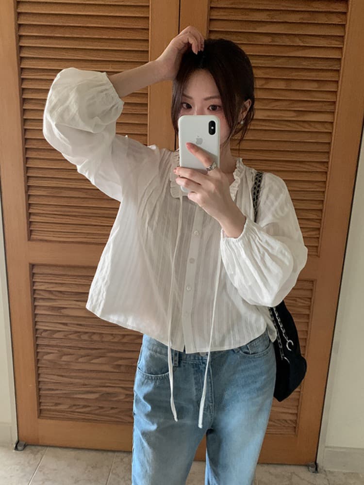 한국 chic 프릴 당겨서 기사 리본 면 소재 루즈핏 긴팔 셔츠 이미지 3