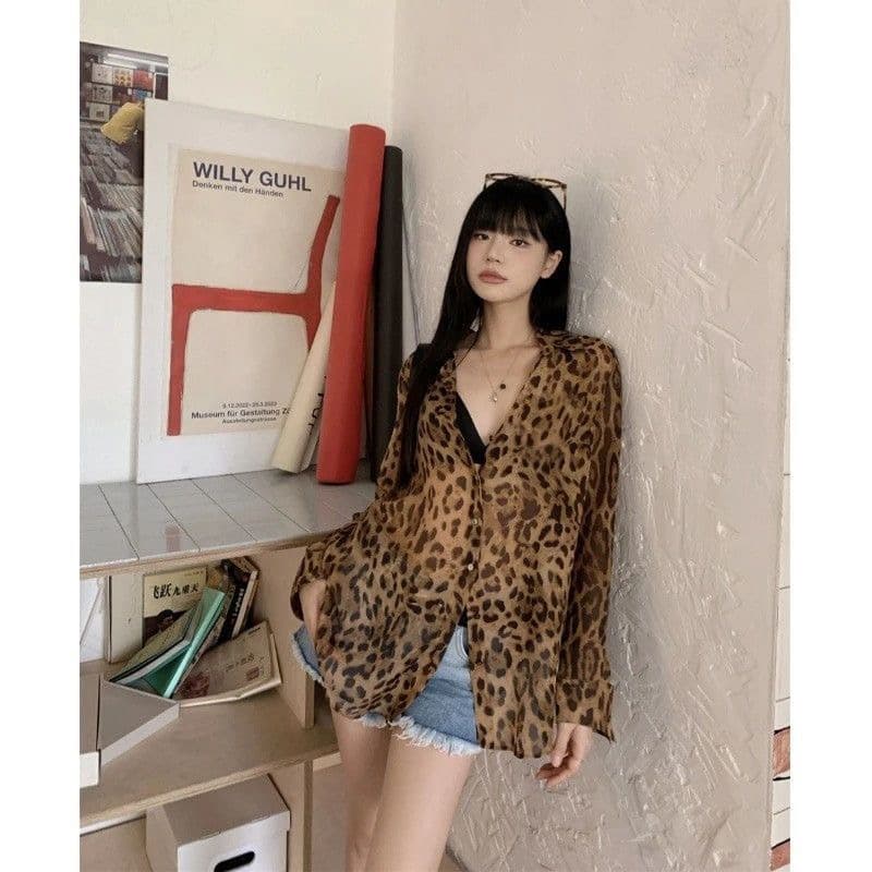 경관 그림 정가 쉬폰 항구 바람 고급 센스 레오파드 무늬 쉬폰 여성 셔츠 가을 마이크로 ~을 통해 얇은 스타일 루즈핏 카디건 코트 상세 이미지 1