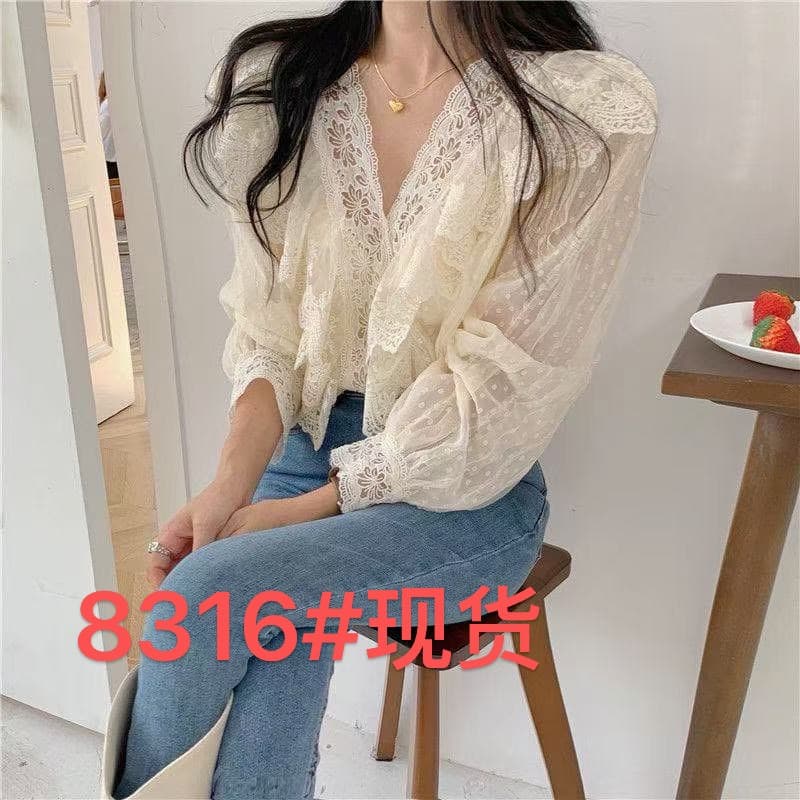 2026 새로운 디자인 프랑스식 레이스 셔츠 연꽃 잎 센스 작은 대중 외국 가스 Chic 작은 셔츠 긴팔 맨위 만나는