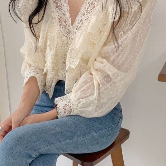 2026 새로운 디자인 프랑스식 레이스 셔츠 연꽃 잎 센스 작은 대중 외국 가스 Chic 작은 셔츠 긴팔 맨위 만나는 상세 이미지 2