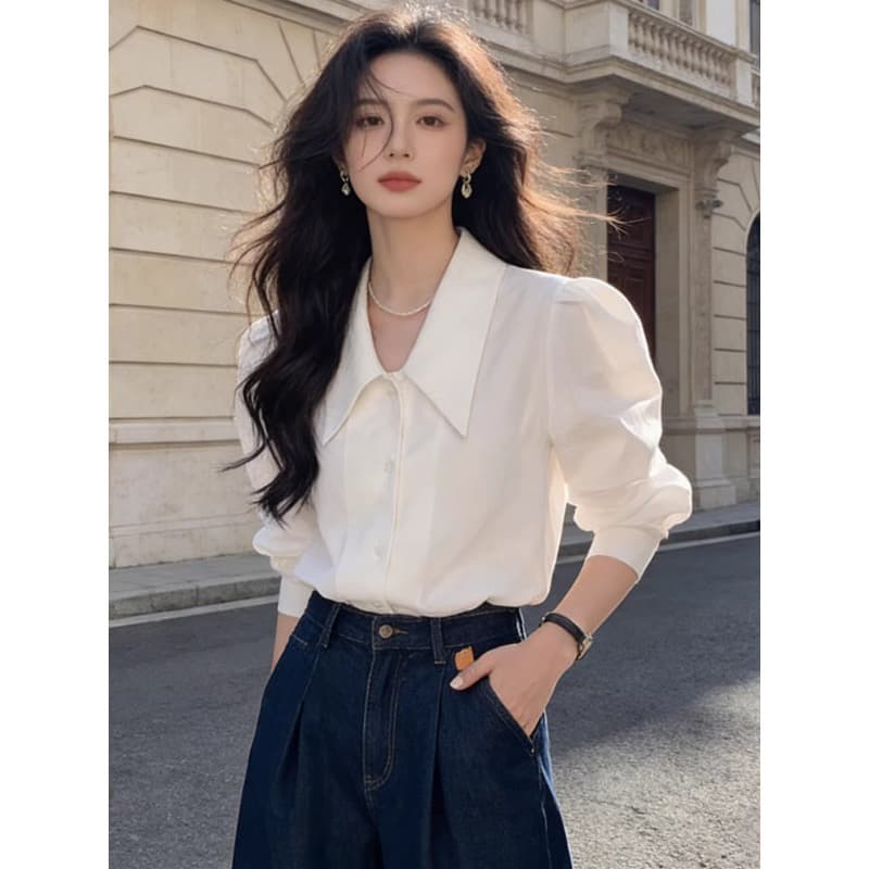 프랑스식 레트로 고급 센스 품격 미니멀리즘 다용도 긴팔 기본 셔츠 거품 소매 셔츠 맨위