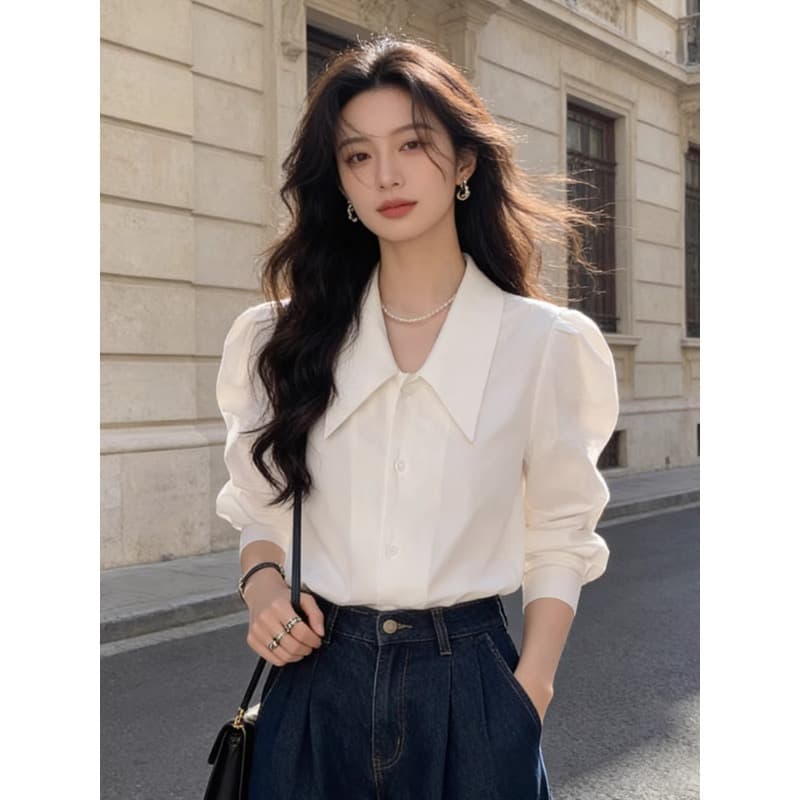 프랑스식 레트로 고급 센스 품격 미니멀리즘 다용도 긴팔 기본 셔츠 거품 소매 셔츠 맨위 이미지 4