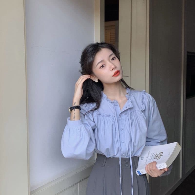 프랑스식 나비 매듭 여성 셔츠 이른 가을 Chic 인사이드 가져 가라. 셔츠 레이스업 파란색 고급 센스 스택 착용 맨위 이미지 5