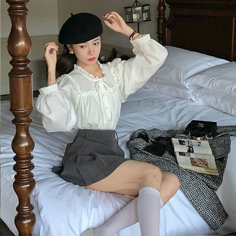 프랑스식 나비 매듭 여성 셔츠 이른 가을 Chic 인사이드 가져 가라. 셔츠 레이스업 파란색 고급 센스 스택 착용 맨위 상세 이미지 4