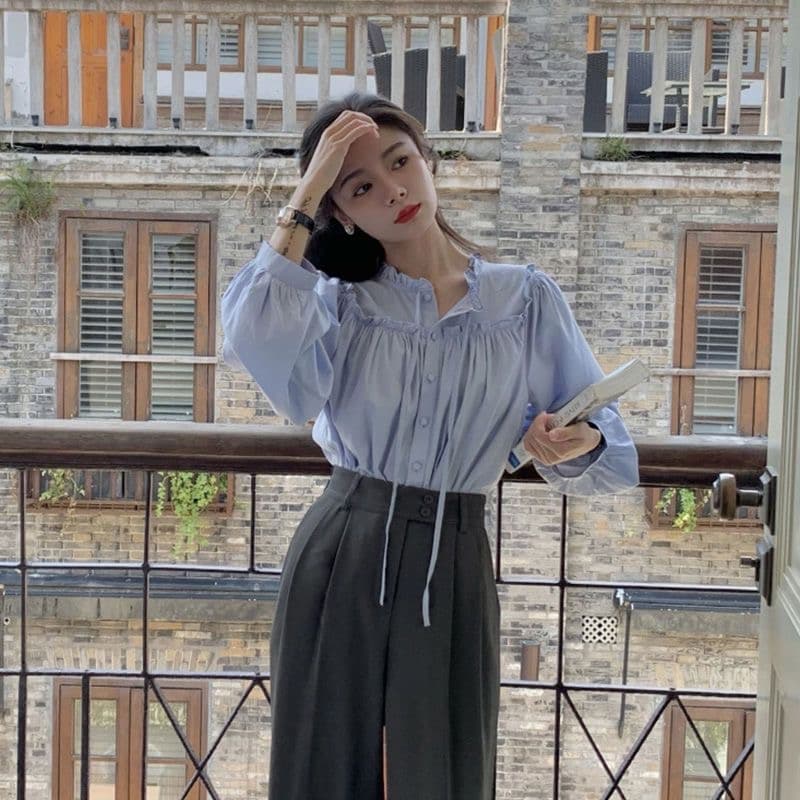 프랑스식 나비 매듭 여성 셔츠 이른 가을 Chic 인사이드 가져 가라. 셔츠 레이스업 파란색 고급 센스 스택 착용 맨위 상세 이미지 5