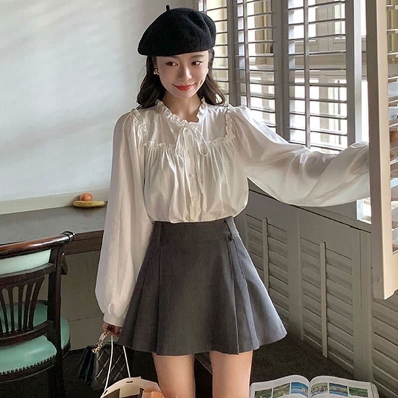 프랑스식 나비 매듭 여성 셔츠 이른 가을 Chic 인사이드 가져 가라. 셔츠 레이스업 파란색 고급 센스 스택 착용 맨위 상세 이미지 7