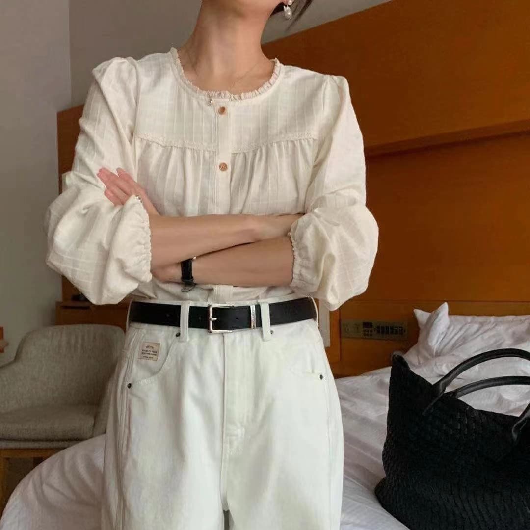 크기 있음 업데이트 프랑스식 레트로 패치워크 레이스 칼라 싱글 줄 버튼 레이스 조각 달콤함 다용도 셔츠 맨위 이미지 2