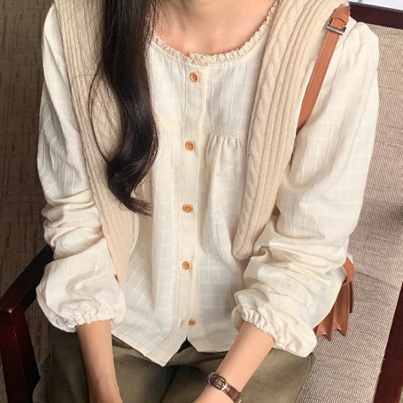 새로운 정가 한 부서 부드러운 품격 레이스 패치워크 다용도 문예 긴팔 셔츠 상세 이미지 1
