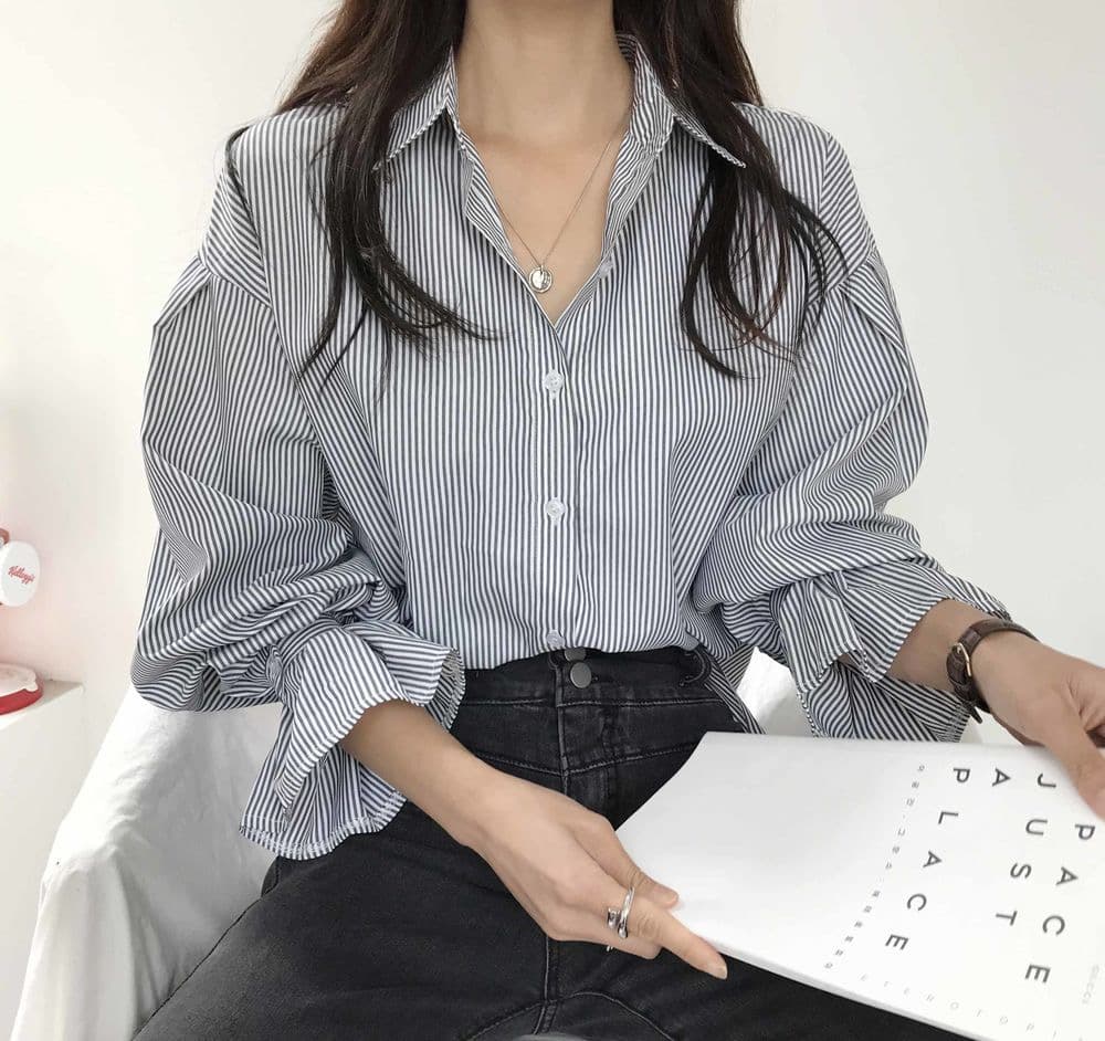 한국 스타일 봄 가을 디자인 센스 작은 대중 핀 스트라이프 루즈핏 여성 셔츠 미니멀리즘 인사이드 가져 가라. 긴팔 맨위 이미지 2