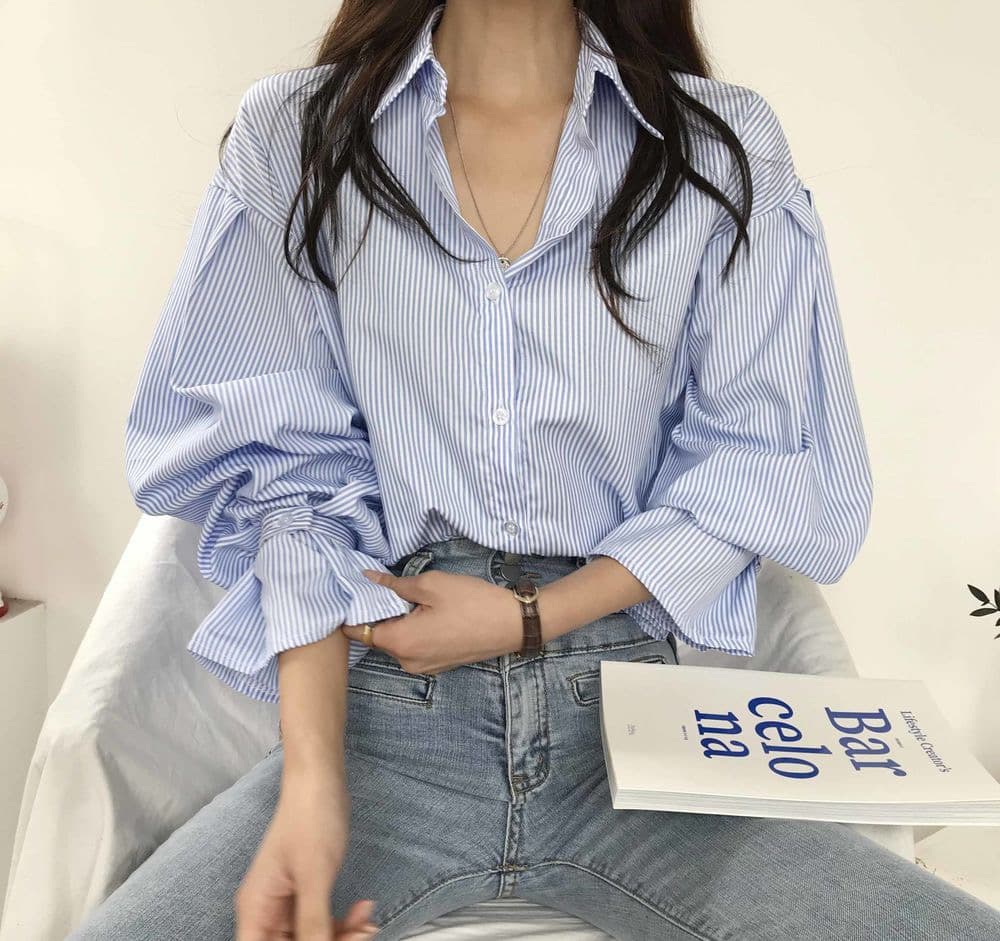 한국 스타일 봄 가을 디자인 센스 작은 대중 핀 스트라이프 루즈핏 여성 셔츠 미니멀리즘 인사이드 가져 가라. 긴팔 맨위 상세 이미지 1
