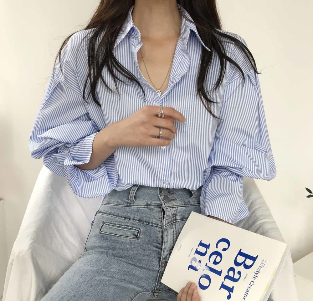 한국 스타일 봄 가을 디자인 센스 작은 대중 핀 스트라이프 루즈핏 여성 셔츠 미니멀리즘 인사이드 가져 가라. 긴팔 맨위 상세 이미지 3