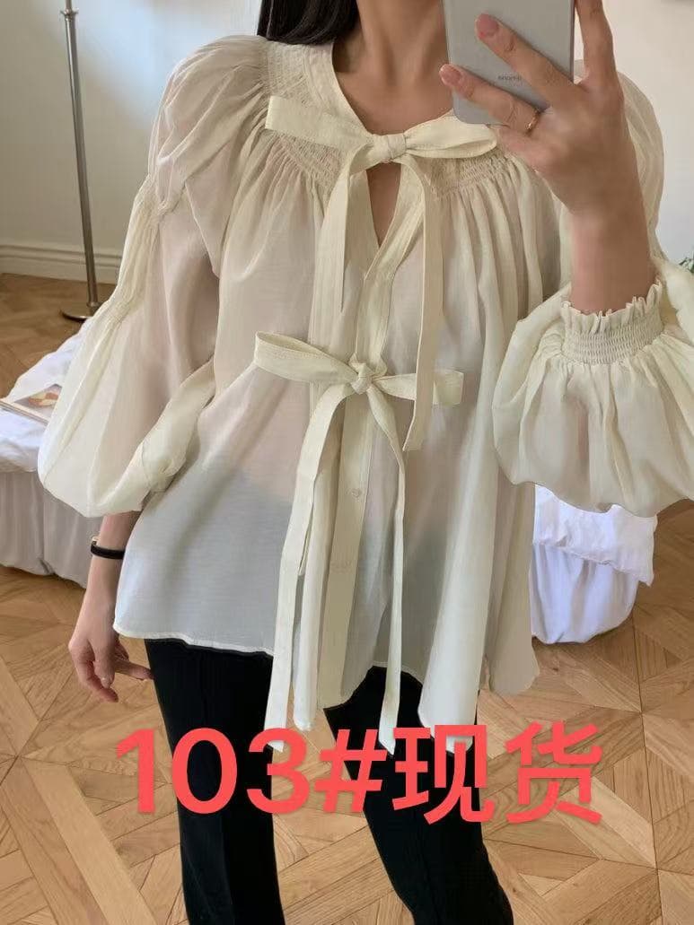 나비 매듭 벌룬 소매 쉬폰 블라우스 한국 스타일 chic 빛 요리 한 루즈핏 셔츠 Chic 작은 대중 디자인 센스 맨위