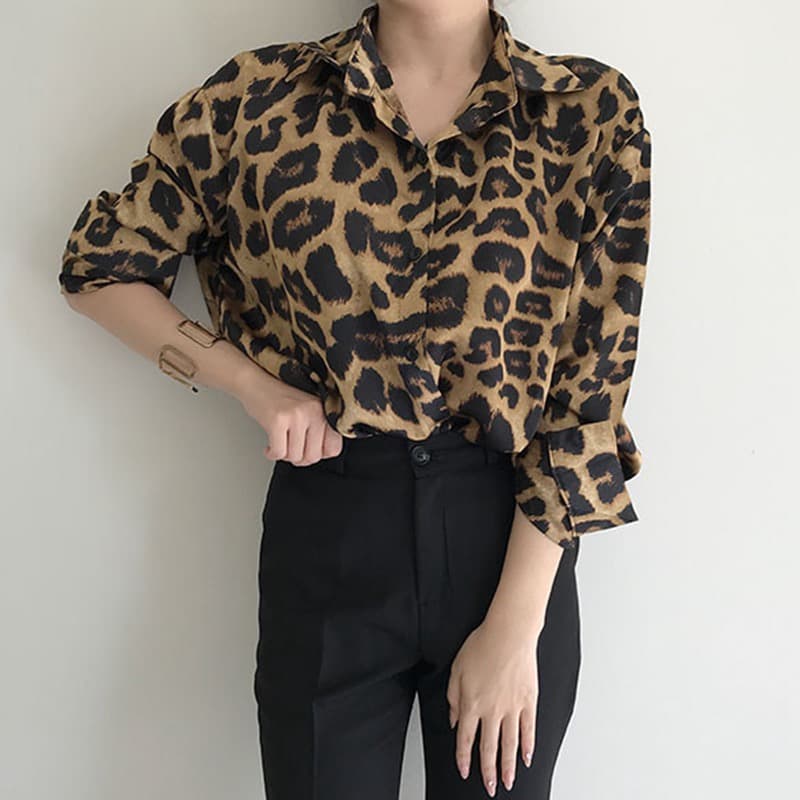 이른 가을 새로운 빅 사이즈 여성 의류 한국 chic 레트로 루즈핏 레오파드 무늬 폴로 칼라 다용도 루즈핏 긴팔 셔츠 맨위 상세 이미지 2