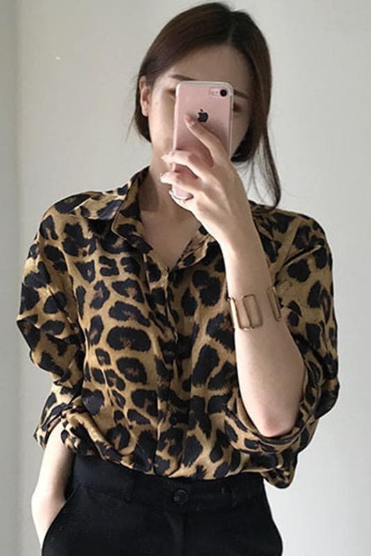 이른 가을 새로운 빅 사이즈 여성 의류 한국 chic 레트로 루즈핏 레오파드 무늬 폴로 칼라 다용도 루즈핏 긴팔 셔츠 맨위 상세 이미지 3