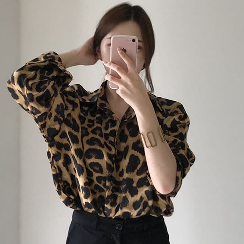 이른 가을 새로운 빅 사이즈 여성 의류 한국 chic 레트로 루즈핏 레오파드 무늬 폴로 칼라 다용도 루즈핏 긴팔 셔츠 맨위 상세 이미지 4