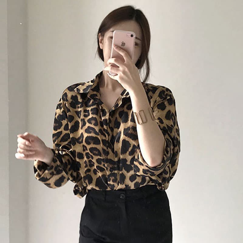 이른 가을 새로운 빅 사이즈 여성 의류 한국 chic 레트로 루즈핏 레오파드 무늬 폴로 칼라 다용도 루즈핏 긴팔 셔츠 맨위 상세 이미지 5