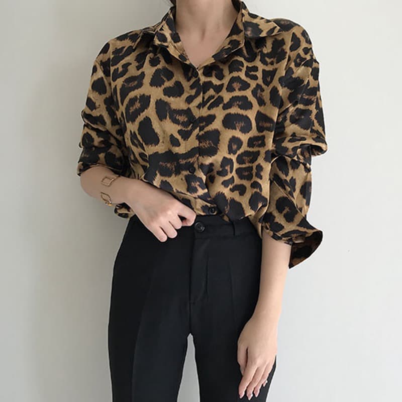 이른 가을 새로운 빅 사이즈 여성 의류 한국 chic 레트로 루즈핏 레오파드 무늬 폴로 칼라 다용도 루즈핏 긴팔 셔츠 맨위 상세 이미지 6