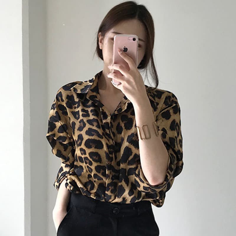 이른 가을 새로운 빅 사이즈 여성 의류 한국 chic 레트로 루즈핏 레오파드 무늬 폴로 칼라 다용도 루즈핏 긴팔 셔츠 맨위 상세 이미지 7