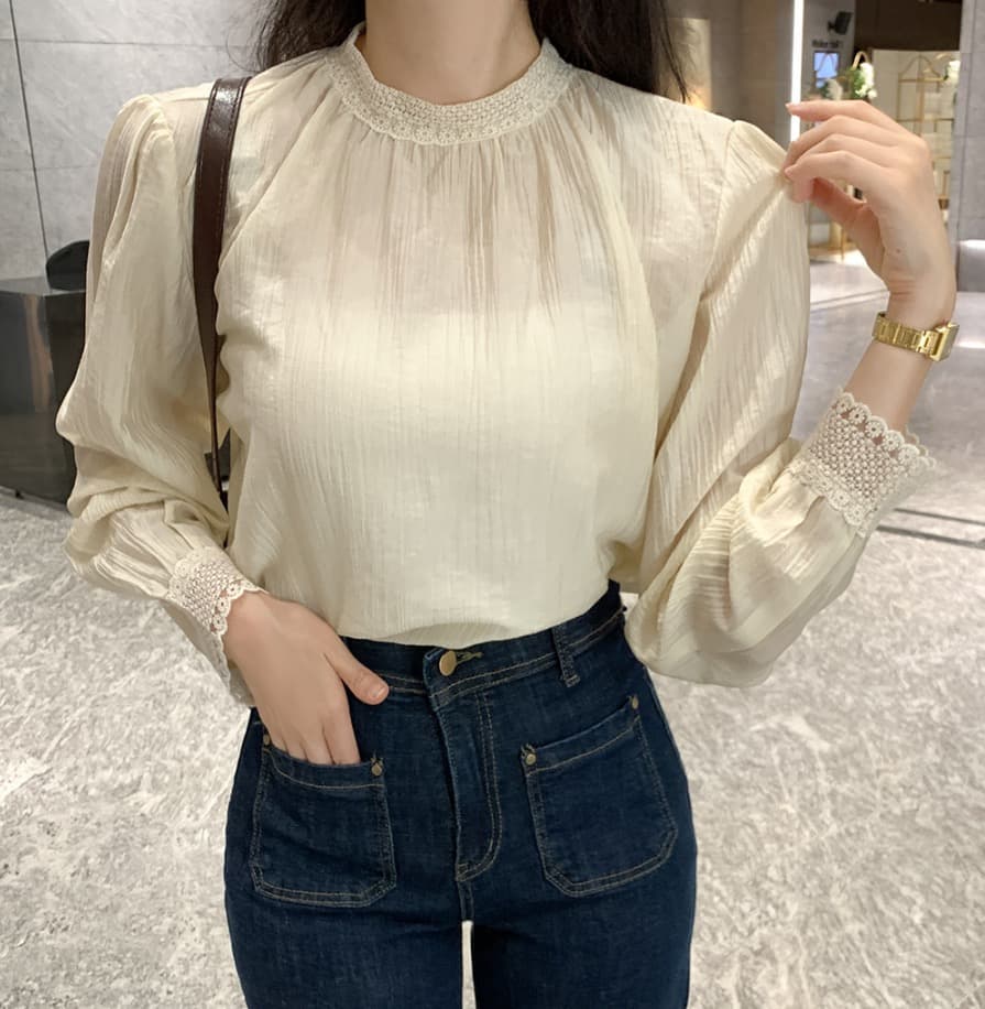 프랑스식 품격 레이스 긴팔 스탠드 칼라 여성 셔츠 2026 이른 가을 새로운 셔츠 루즈핏 인사이드 가져 가라. 디자인 센스 맨위 상세 이미지 1