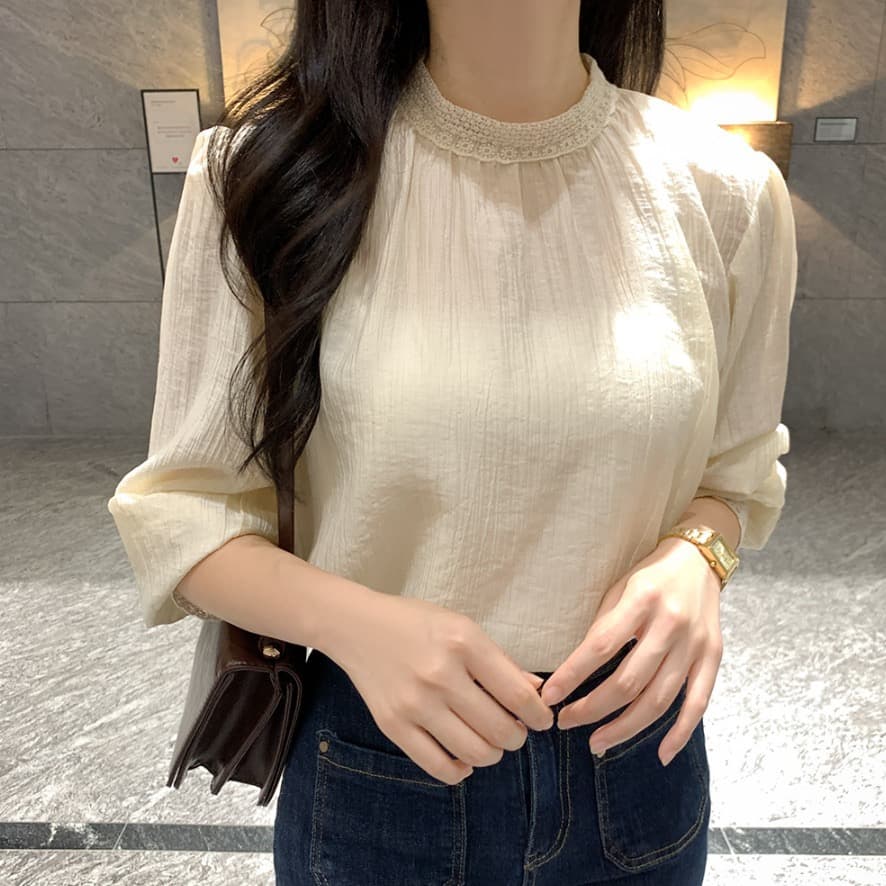 프랑스식 품격 레이스 긴팔 스탠드 칼라 여성 셔츠 2026 이른 가을 새로운 셔츠 루즈핏 인사이드 가져 가라. 디자인 센스 맨위 상세 이미지 4