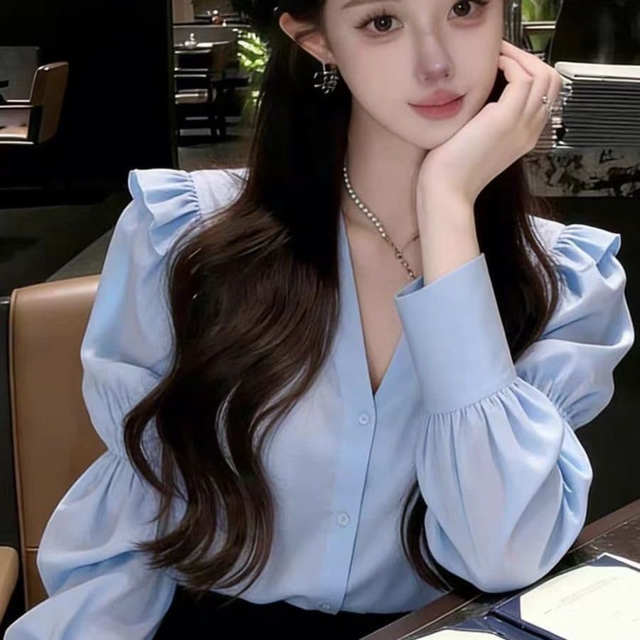 아름다운 자이언트 잘 생긴 파란색 프릴 셔츠 2026 봄 디자인 센스 작은 대중 프랑스식 사소한 허리 수축 맨위 여성 상세 이미지 1