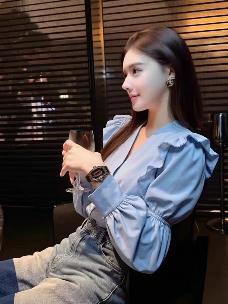아름다운 자이언트 잘 생긴 파란색 프릴 셔츠 2026 봄 디자인 센스 작은 대중 프랑스식 사소한 허리 수축 맨위 여성 상세 이미지 7