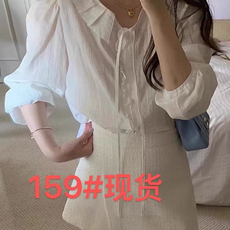 새로운 맨위 연령 감소 프랑스식 품격 긴팔 셔츠 귀 부드러운 레이스업 Chic 루즈핏 셔츠 디자인 화이트