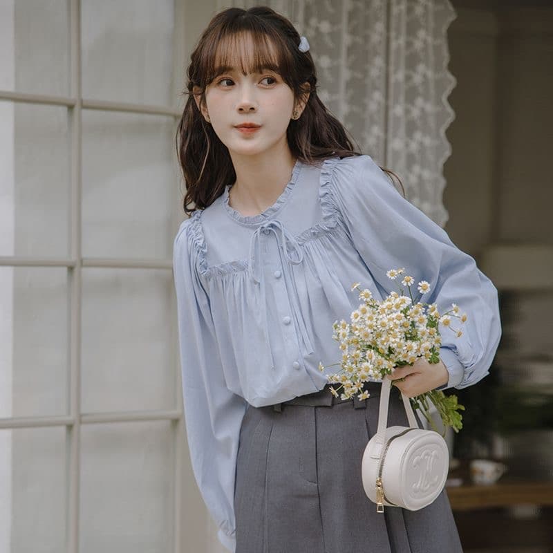 봄 가을 프랑스식 긴팔 화이트 여성 셔츠 2026 새로운 달콤함 프릴 칼라 맨위 학생 디자인 센스 셔츠 이미지 2