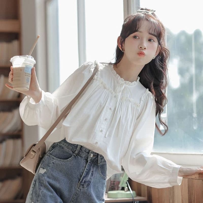 봄 가을 프랑스식 긴팔 화이트 여성 셔츠 2026 새로운 달콤함 프릴 칼라 맨위 학생 디자인 센스 셔츠 상세 이미지 1