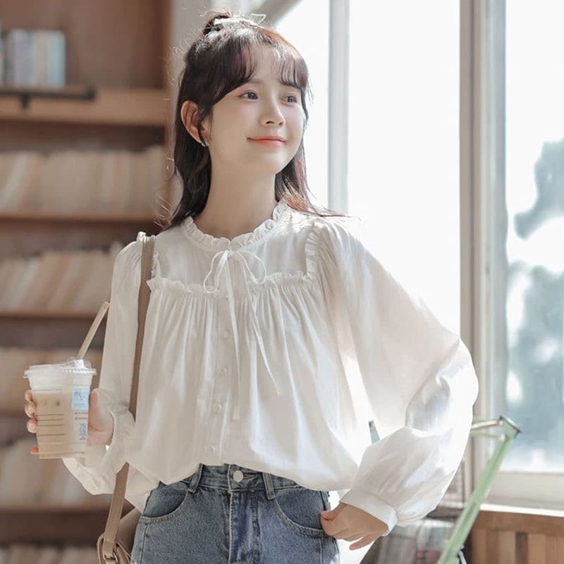 봄 가을 프랑스식 긴팔 화이트 여성 셔츠 2026 새로운 달콤함 프릴 칼라 맨위 학생 디자인 센스 셔츠 상세 이미지 2