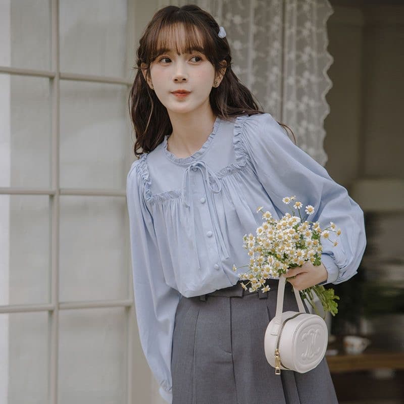 봄 가을 프랑스식 긴팔 화이트 여성 셔츠 2026 새로운 달콤함 프릴 칼라 맨위 학생 디자인 센스 셔츠 상세 이미지 3