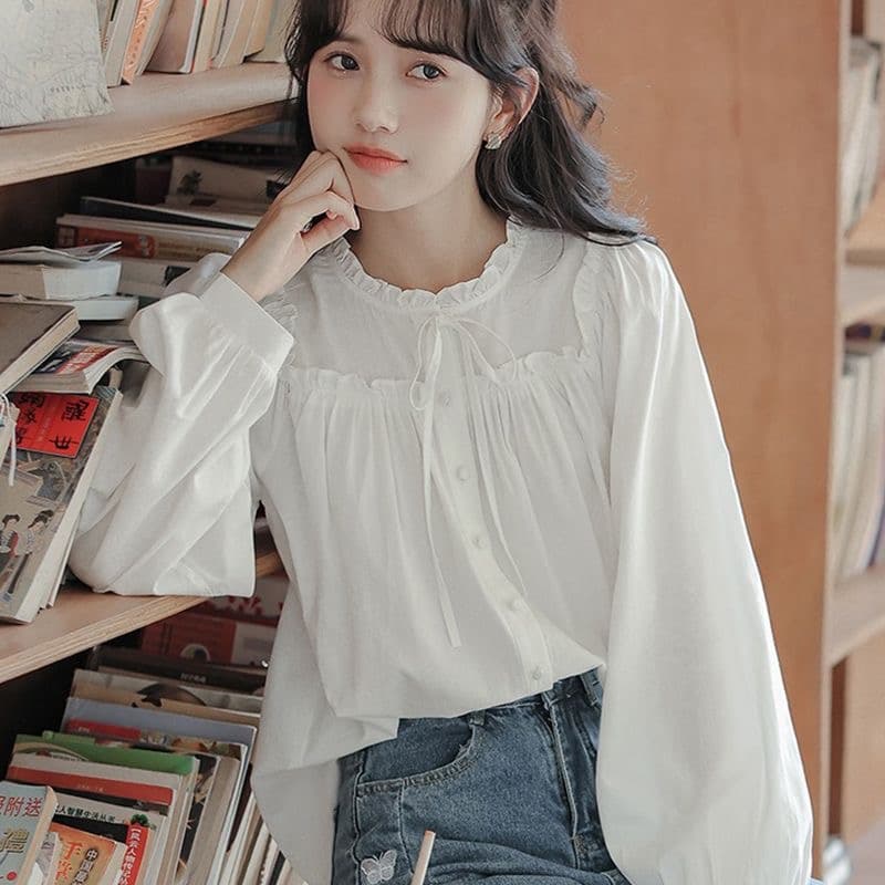 봄 가을 프랑스식 긴팔 화이트 여성 셔츠 2026 새로운 달콤함 프릴 칼라 맨위 학생 디자인 센스 셔츠 상세 이미지 4